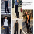 Real customers wearing baggy wide leg track pants in various settings, showcasing versatility and style.