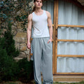 Man in lake blue baggy wide leg sweatpants, showing both side and front views while standing.