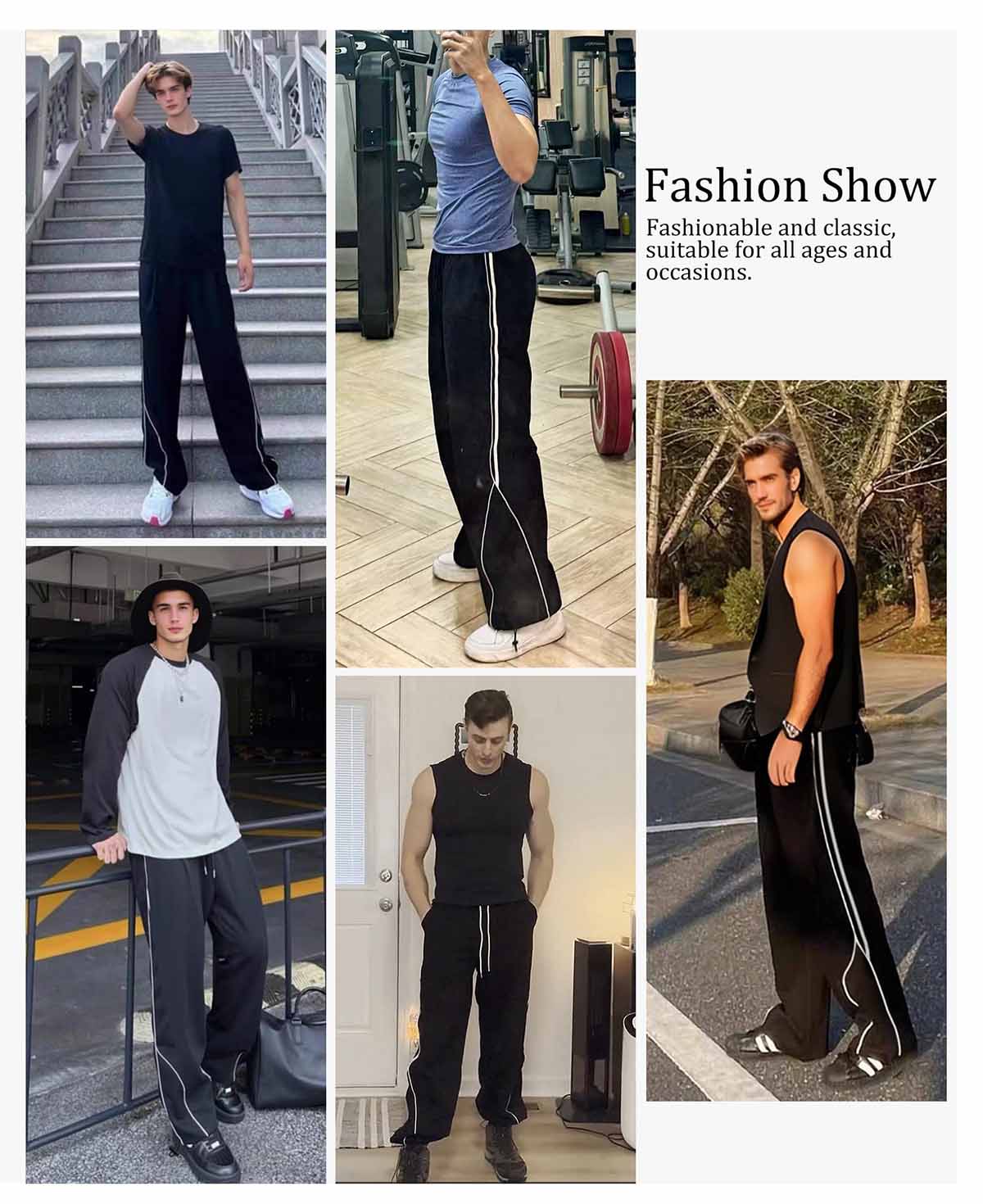 Man in pink baggy wide leg sweatpants, showing both side and front views while standing.