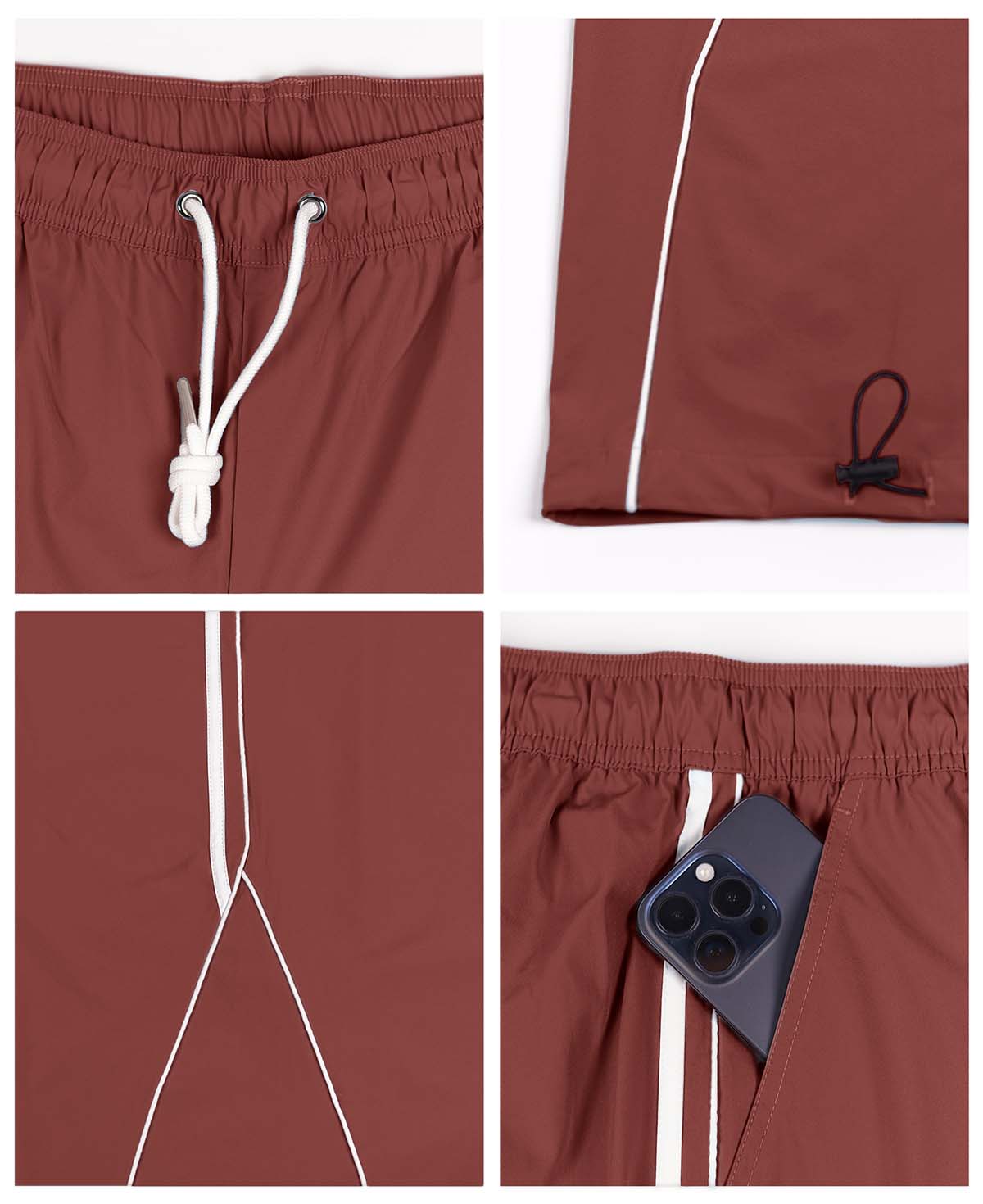 Man in red baggy wide leg sweatpants, showing both side and front views while standing.